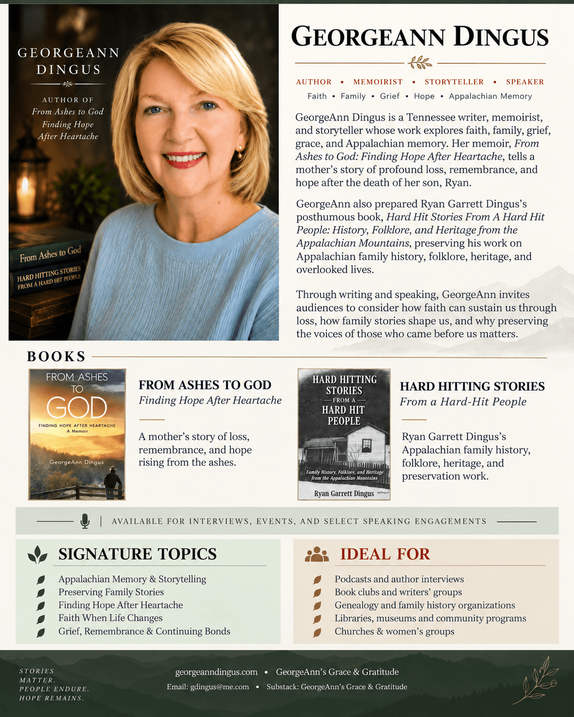 GeorgeAnn Dingus author one-sheet: portrait, bio, both book covers, signature topics, and booking details on a single page